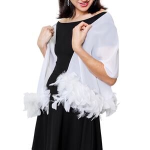White Sheer Shawl w/ Real Feather  Formal Wrap Stole Shrug Cape Weddiing Bridal